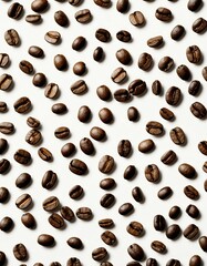 Obraz premium A collection of dark roasted coffee beans is beautifully arranged on a pristine white surface, showcasing their glossy texture and diverse shapes Generative AI
