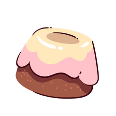 Rum baba, cake with sugar syrup, raisins and fondant. Baked glazed Bundt cake of cylinder shape. Pastry, sweet bakery menu mascot, gourmet dessert cartoon vector illustration