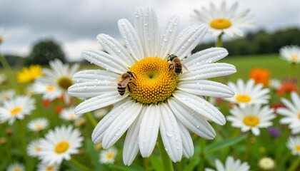 Obraz premium Bees buzzing on daisy with raindrops in vibrant garden, nature's beauty