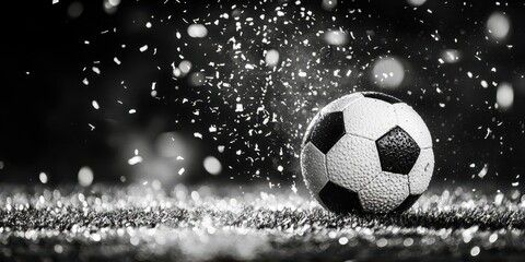 Fototapeta premium A black and white photo of a soccer ball on a field with snow in the background