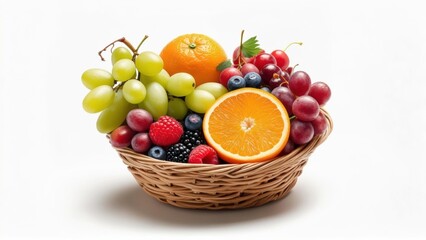 Freshly picked fruit assortment in a woven basket ready for a healthy snack