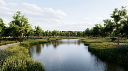 Fototapeta premium Peaceful Urban Nature Reserve with Serene Wetlands and Blended Conservation Areas
