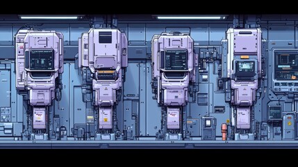 Futuristic Pixel Art Industrial Machinery Wall Panel
