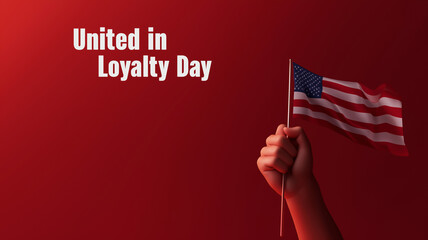 Illustration poster for Loyalty Day. A clenched fist holding a flag against a deep red background