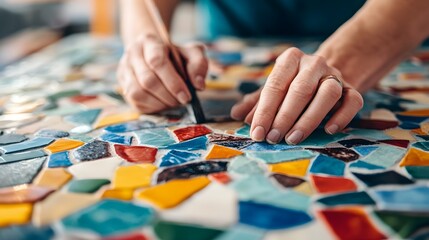 Fototapeta premium Artisan Crafting Colorful Mosaic Art with Intricate Tile Designs