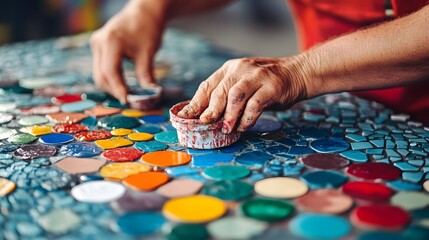 Obraz premium Artisan Creating Colorful Mosaic Art with Intricate Tile Designs
