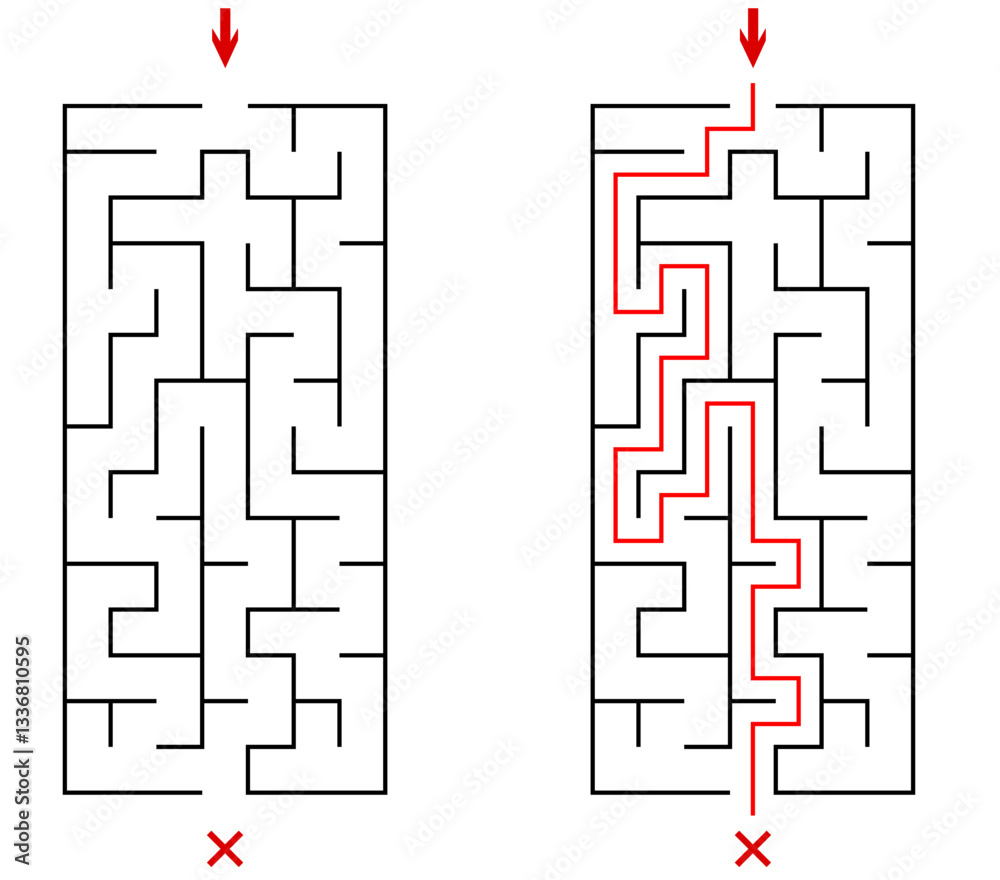 Wall mural vector vertical rectangular labyrinth with entry and exit. difficulty level - easy. children logic g