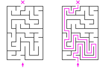 Vector vertical rectangular labyrinth with entry and exit. Difficulty level - easy. Children logic game. Not hard riddle solated on white background for kids and parents with solution