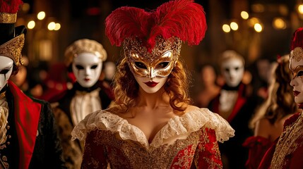 Fototapeta premium Maximalism, Elegant Woman in Golden Mask and Red Feathers Surrounded by Mystery at Masquerade Ball