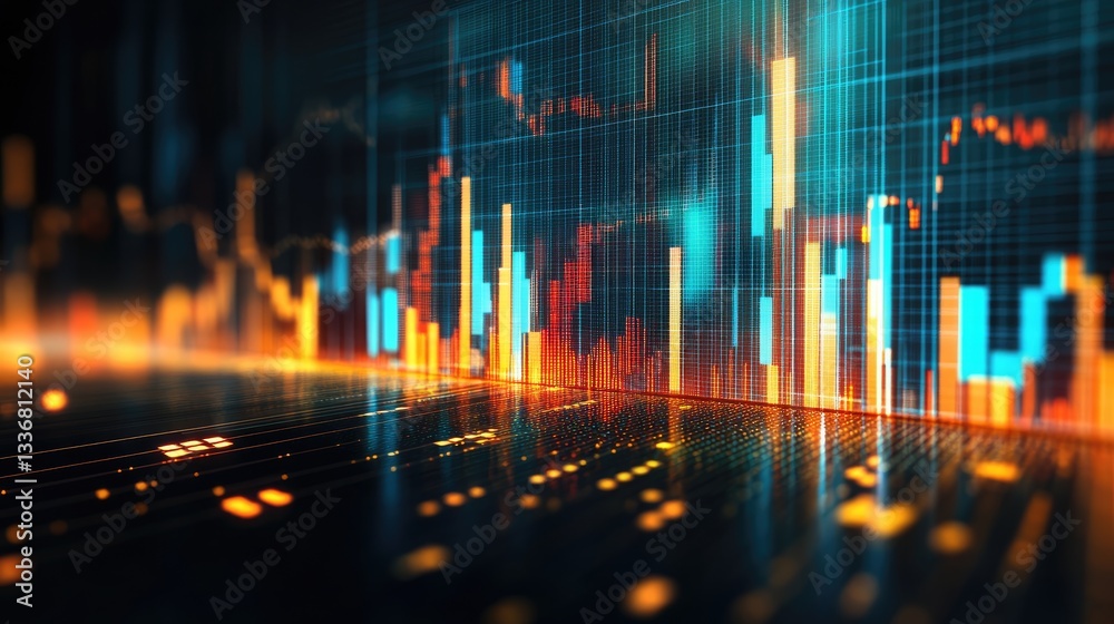 Poster blockchain and cryptocurrency analytics visualization with abstract graphs and futuristic textures.