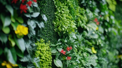 Close-up of a lush vertical garden with vibrant green plants, showcasing urban gardening. A concept of nature, freshness, and modern environmental solutions