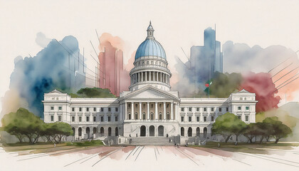 Obraz premium Capitol of Puerto Rico, watercolor painting. Abstract architecture. Hand drawn art.