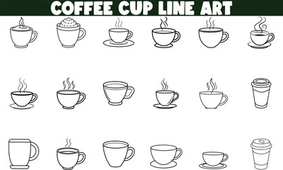 Coffee Cup Line Art Diverse Styles, Hot Beverage Illustrations