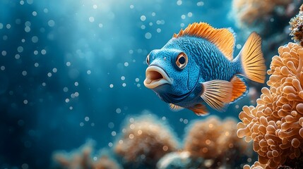 Obraz premium Mesmerizing Blue Tang Fish Swimming in Vibrant Aquarium Reef with Soft Lighting Showcasing the Deep Blue Color and Serene Underwater Environment