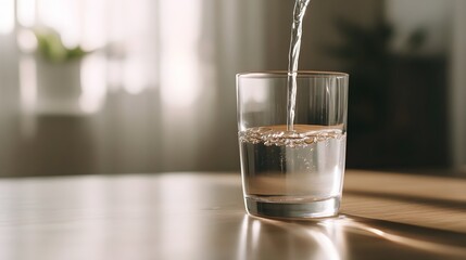 Refreshing Water Pouring into Glass with Morning Sunlight Evoking Healthy Start