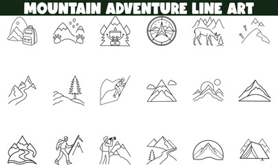 Mountain Adventure Line Art Icons Hiking, Camping, Nature, Wildlife