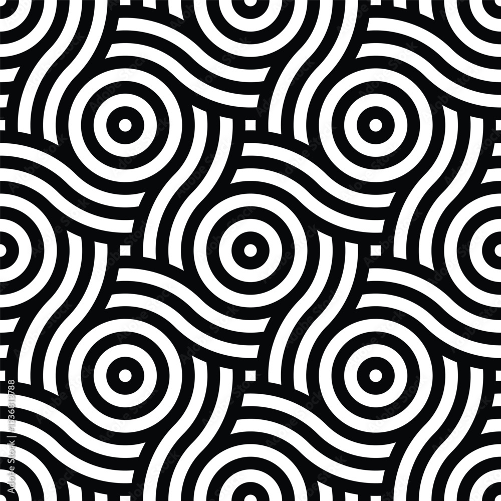 Aufkleber Seamless geometric monochrome pattern with circles. Vector abstract background. Modern linear texture.