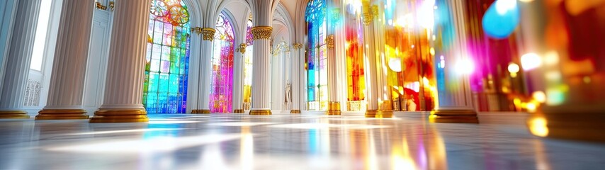 Fototapeta premium Maximalism, Bright and Colorful Interior of a Grand Hall with Stained Glass Windows and Marble Floor