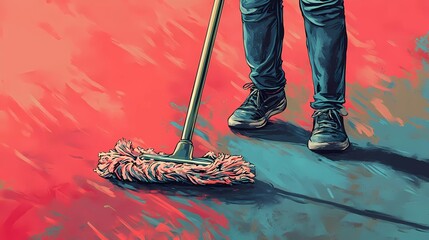 Housemaid woman in cleaning uniform holding mop and bucket, symbolizing professional housekeeping, home care, and hygiene maintenance, perfect for service promotions, book illustration style