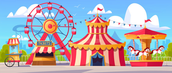 Colorful cartoon amusement park vector illustration with a ferris wheel, circus tent, carousel, and food stand on a sunny day. Colorful funfair with a ticket kiosk in a lively summer city landscape
