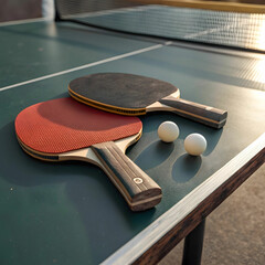 table tennis paddles and ball