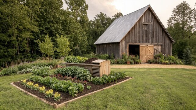 Rustic barn with a lush garden in a serene natural setting.