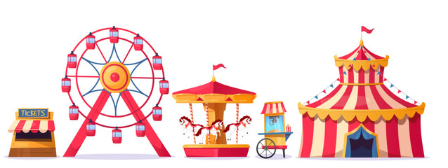Colorful amusement park attractions featuring a ferris wheel, carousel, and circus tent isolated on white background. Vector illustration cartoon style elements for festive celebrations and family fun
