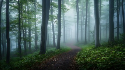 Fototapeta premium A misty woodland path winding through a dense forest, with the trees shrouded in fog and the ground covered in leaves