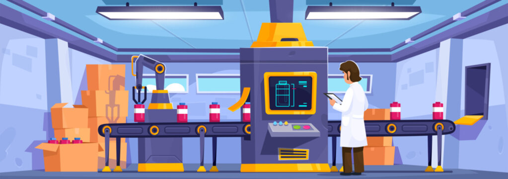 Colorful vector illustration of a female technician using a tablet to monitor industrial machinery, a robotic arm, and bottles on a conveyor inside a modern production facility. Suitable for content a