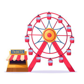 Colorful cartoon vector illustration of a ferris wheel with a ticket booth at a fairground, embodying fun and joy. Flat style amusement park attraction icon isolated on white background