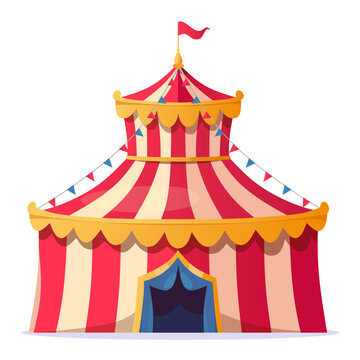 Classic circus tent isolated on white background. Colorful big top carnival pavilion with festive flags. Cartoon vector illustration for amusement park, fairground, festival and entertainment design.