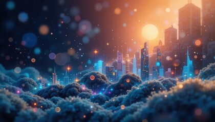 Fototapeta premium ESG diversity concept. A vibrant cityscape emerges from misty clouds, illuminated by a glowing sunset and colorful lights, creating a surreal and dreamlike atmosphere.