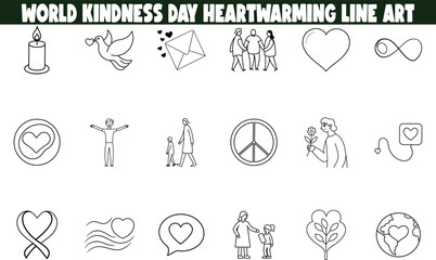 World Kindness Day Heartwarming Line Art Icons of Peace, Love, and Family