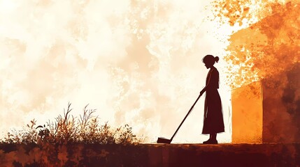 Maid woman dusting furniture, symbolizing domestic care, tidiness, and home upkeep, suitable for housekeeping campaigns and hospitality branding, vintage comic book style