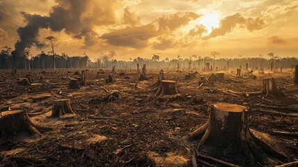 A bleak, vast landscape of deforestation, with tree stumps stretching to the horizon under a hazy, smoky sky. A powerful, somber visual of climate change and habitat loss.