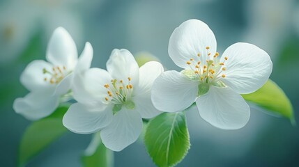 Obraz premium Delicate white flowers blooming in a serene garden with soft blue background ambiance