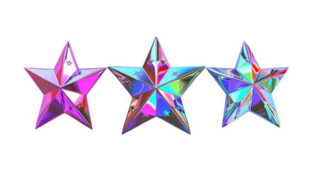 Three holographic stars shining on transparent background