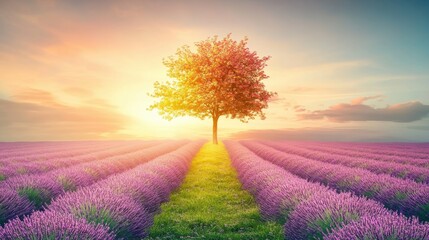 Obraz premium A tree stands in a field of lavender flowers