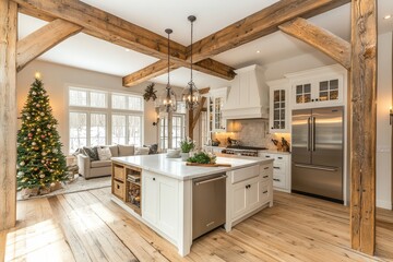 Fototapeta premium Elegant modern farmhouse kitchen with large island, white cabinets, and stainless steel appliances, adorned with Christmas decorations and festive lights.