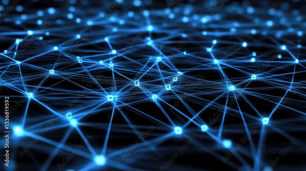 Poster cybersecurity network visualization with encrypted digital communication pathways.