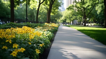 Obraz premium Lush Urban Oasis with Scenic Walking Paths Amidst Thriving Greenery and Blooms