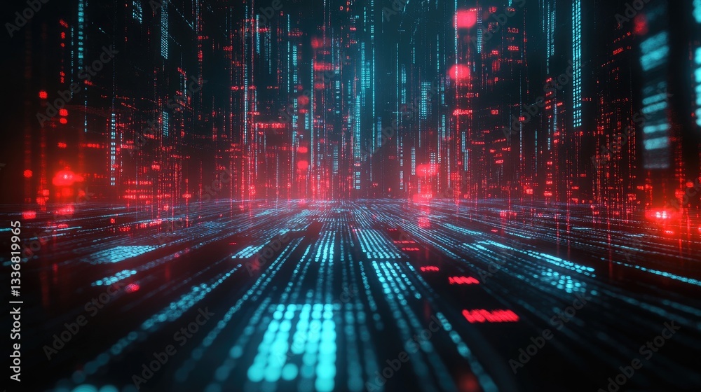 Poster data cloud network visualization with interconnected glowing points and futuristic ui panels.