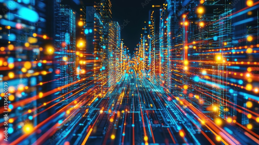 Poster data flow representation with dynamic blue light trails over a digital circuit board.