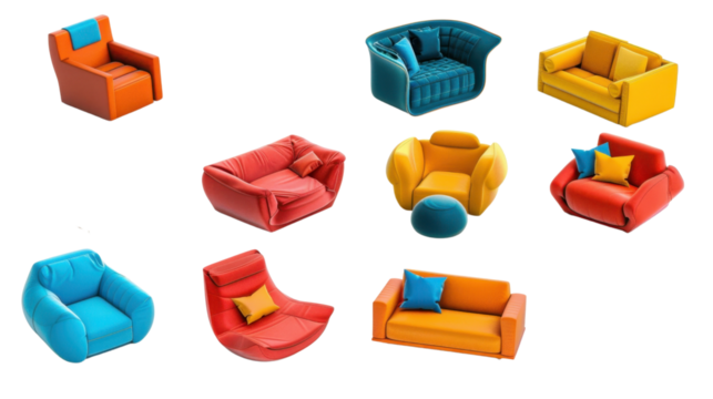 Set of colorful modern sofa and armchairs on transparent background