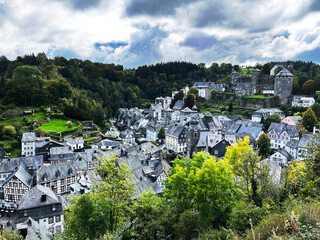High angle view of medieval townscape and castle from the German city of Monschau