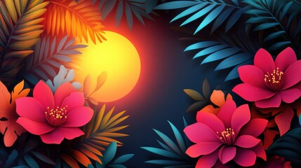 Obraz premium Vibrant Pink And Orange Paper Flowers Tropical Leaves Sunset Night Scene