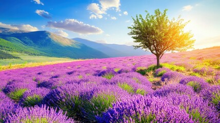 A beautiful field of purple flowers with a tree in the middle