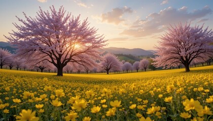 Obraz premium Cherry blossom sunset scenic field nature photography spring landscape vibrant view
