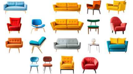 Colorful furniture set on transparent background: sofas, armchairs, and chairs for interior design