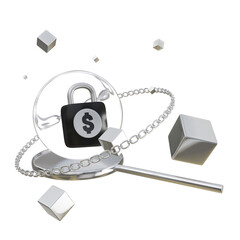 Blockchain Secure financial protection with a padlock money and a magnifying glass 3D Silver